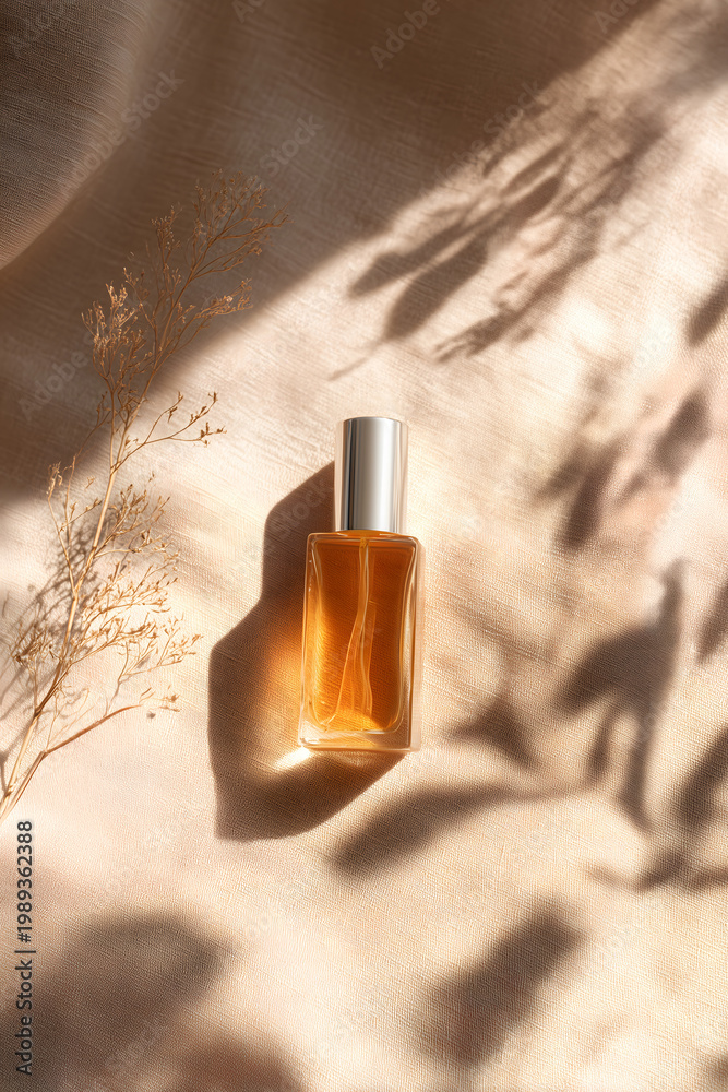 Fototapeta premium Luxury Perfume Bottle with Soft Natural Shadows on Linen Fabric Background