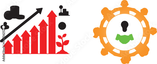 Illustrations of Growth and Agriculture, symbolizing progress and farming with modern iconography, including charts and tractors