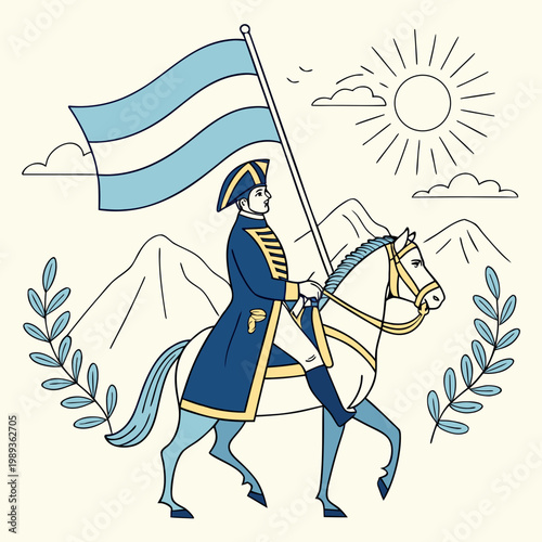 Argentine General on Horseback with National Flag Vector Illustration