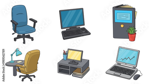 Isometric office furniture collection chairs desks computers and accessories