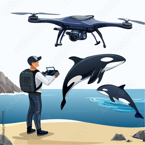 Man operating drone to film jumping orca whales from beach