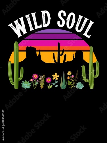 Stylized desert landscape illustration with 'Wild Soul' text, showcasing vibrant gradient sunset, majestic saguaro cacti, and intricate wild botanical elements