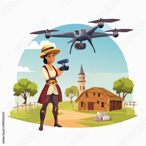Woman operating drone in rural landscape digital illustration