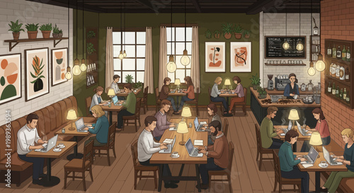 Group of people enjoying time in a cafe interior with tables and chairs