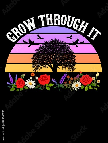 Embrace Growth A Retro Sunset Silhouette of a Tree with Blooming Flowers and Birds Flying High Symbolizing Resilience and Transformation