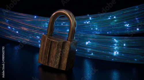 Digital security concept with padlock protecting luminous fiber optic cables on dark background