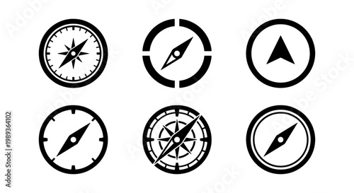 Minimalist compass icon set, black navigation symbols for travel and adventure, 6 vector map pointer elements, directional orientation signs