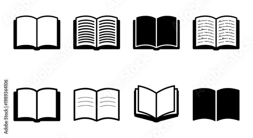 Minimalist open book icon set, 8 black and white education vector elements, simple flat reading symbols for library and school design