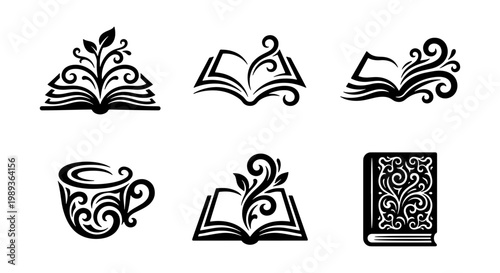 Elegant book icons with floral swirls, set of 6 black vector illustrations, vintage literary symbols with decorative leaves and coffee cup