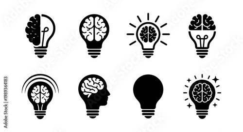 Creative brain light bulb icons set, human mind and intelligence symbols, 8 black vector silhouettes for startup innovation and psychology concepts