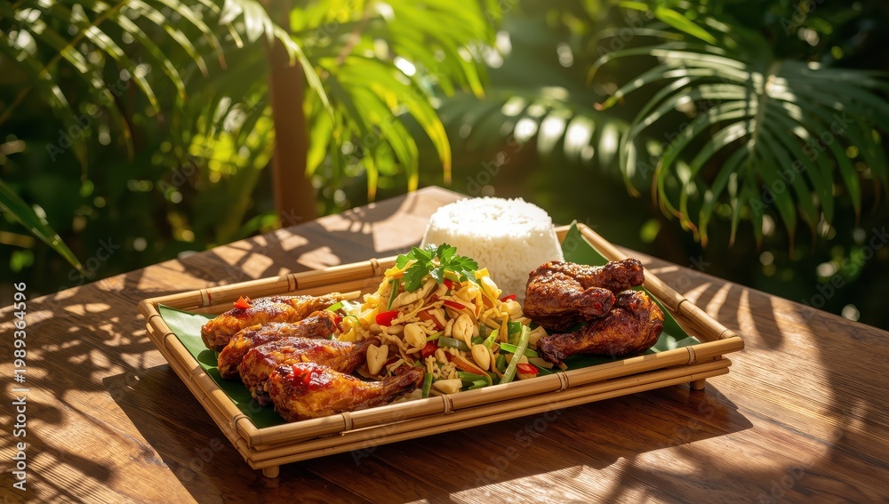 Fototapeta premium Spicy green papaya salad with grilled chicken wings and sticky rice on a bamboo tray.
