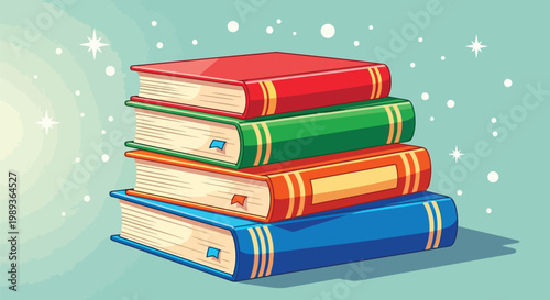 Stack of colorful hardcover books on a whimsical background with sparkles