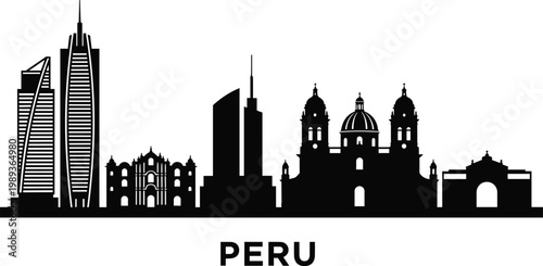 Peru City Skyline Silhouette Vector Illustration Featuring Lima Landmarks Skyscrapers and Historic Cathedral Architecture for South American Travel Tourism Design