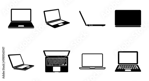 Minimalist laptop icon set, black silhouette notebook computer vectors, 8 digital device symbols for web design and technology interface projects