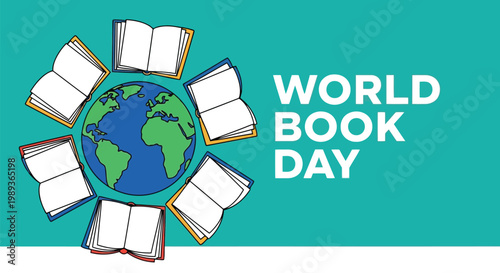 World book day illustration with open books surrounding a globe on a teal background