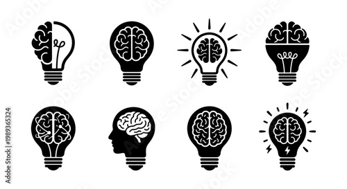 Creative brain light bulb icons set, human mind and logic concept vector, 8 black silhouette symbols for innovation, intelligence and brainstorming