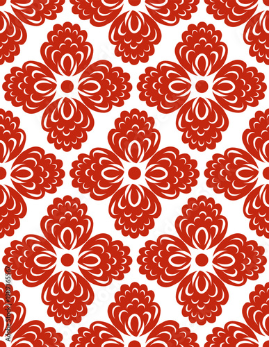Vector seamless pattern of red folk art floral mandalas on white background. Texture with decorative floral rosettes.
