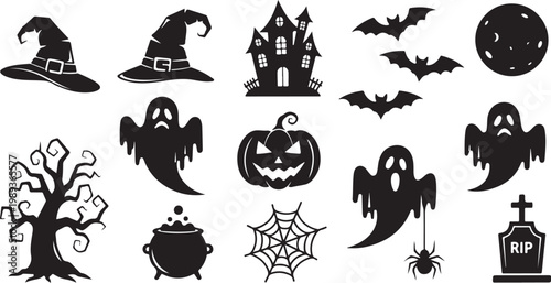 Halloween icons, black silhouette symbols, spooky vector graphics set