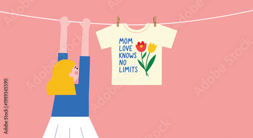 A woman hanging a t shirt on a clothesline on a pink background