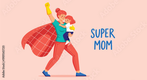 A cartoon illustration of a woman wearing a superhero cape carrying a child