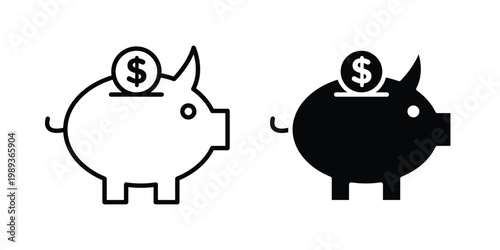 Piggy bank icon in stroke outline style with flat version