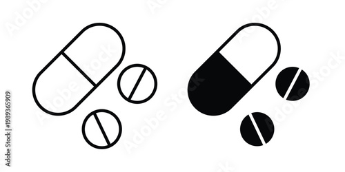 Pill icon in stroke outline style with flat version