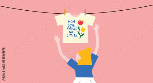Woman hanging a tshirt on a clothesline with a mom love knows no limits message on a pink background