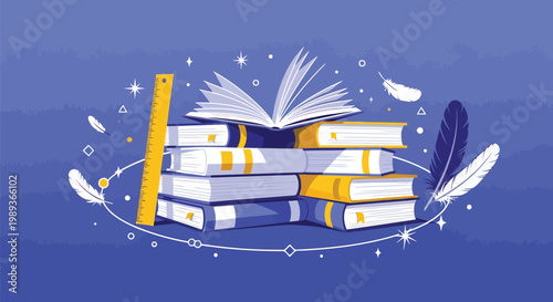 Stack of books with an open book on top, a ruler, and feathers on a blue background