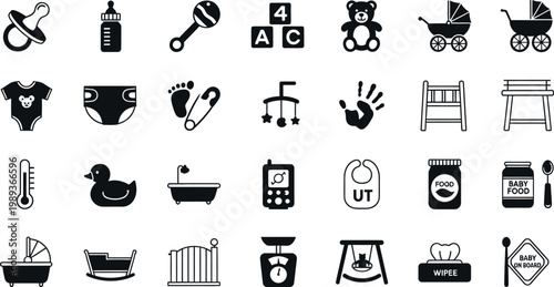 Collection of black baby care and toy on white background pacifier bottle