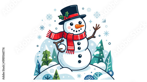 Snowman Wearing Red Scarf Top Hat.
