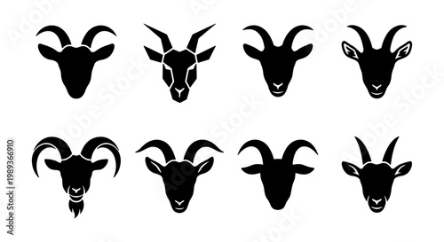 Goat head silhouette icons, set of 8 black animal vector illustrations, horned ram and mountain goat face symbols for logo design and branding