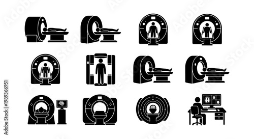MRI scanner icons set, medical magnetic resonance imaging vector symbols, hospital radiology equipment and patient diagnostic procedure silhouettes