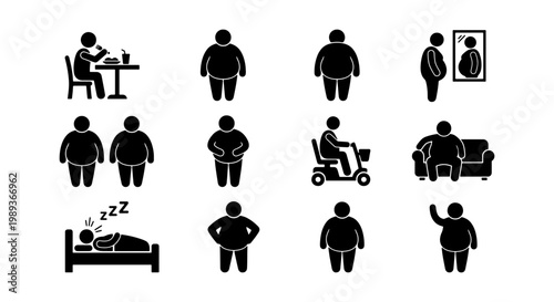 Obesity and overweight lifestyle icons set, 12 black stick figure pictograms of fat people, unhealthy habits and sedentary behavior vector collection