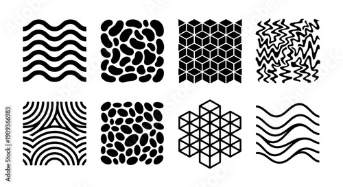 Abstract geometric pattern set, black and white seamless textures with wavy lines and isometric cubes, 8 minimalist vector graphic elements