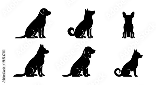 Dog silhouette vector icons set, black canine breed profiles in sitting poses, 6 minimalist pet animal illustrations for veterinary and pet shop branding
