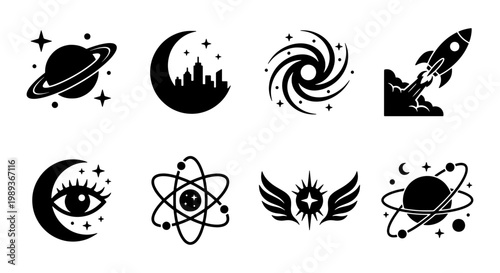 Celestial space icons set, black silhouette galaxy symbols including planets and rocket ship, mystical moon and astronomy vector elements for logo design