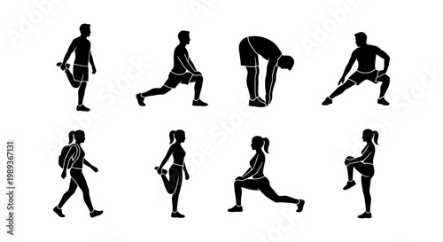 Athletic stretching silhouettes set, 8 fitness exercise icons of men and women warming up, black vector people doing yoga and gym workout poses