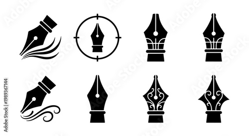 Vintage fountain pen nib icons, set of 8 black ink pen head vectors, elegant calligraphy nib symbols for branding and logo design