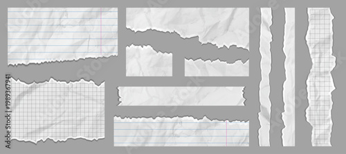 Torn paper edges with realistic texture. White sheets feature rough borders. Ripped paper fragments with shadow effects. Scrapbook or notebook set of elements. Vector illustration