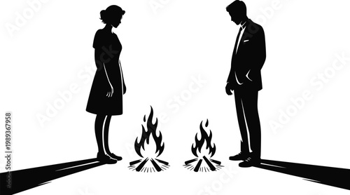 Silhouettes of couple standing on opposite sides, flames between, conflict relationship