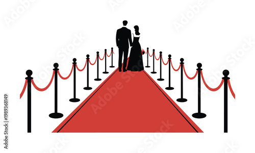Red carpet, luxury event, velvet rope, stanchion, formal couple, walkway