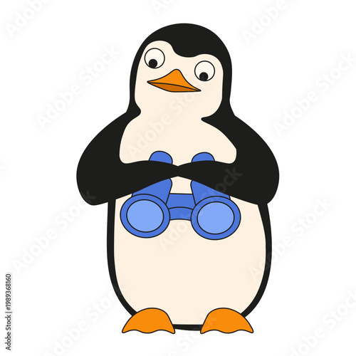 Funny penguin with binoculars. Vector wi fi search concept with penguin isolated transparent background. Perfect art for internet search social media infographic and kid t-shirt print Editable stroke