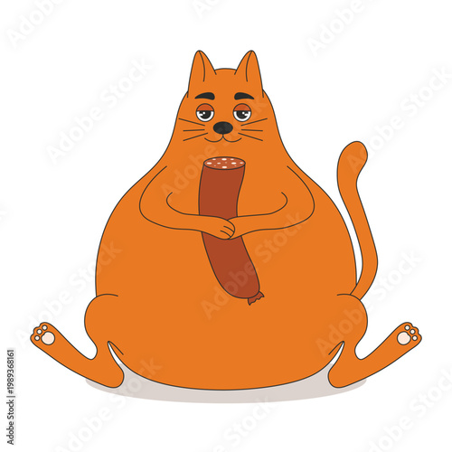 Funny ginger Cat with sausage in the hands isolated transparent background. Vector red Cat with big sausages in mouth design. Perfect fun art for cat food  package decor. Editable stroke EPS 10
