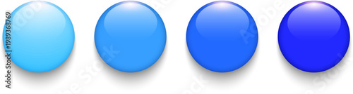 Blue shiny buttons set, 3D circle shape glossy backgrounds for website.