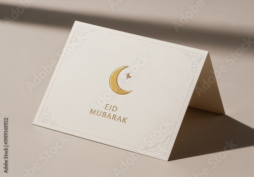 Eid Mubarak greeting card mockup on neutral background