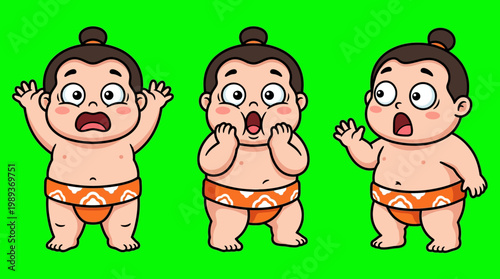 Three Cartoon Sumo Wrestlers with Surprised Expressions on Green Background.