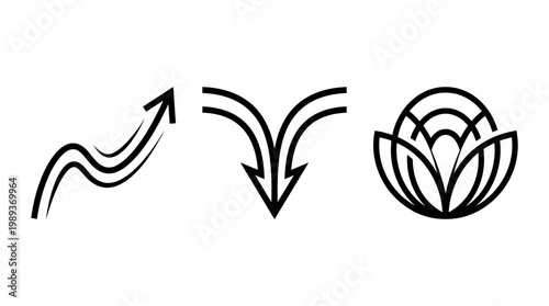 Abstract Black and White Arrows and Floral Design Elements.