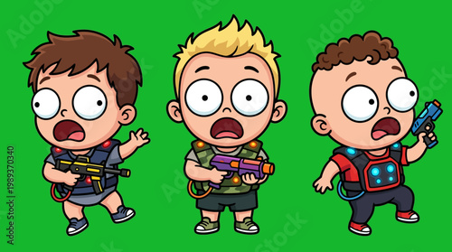Three Cartoon Children Playing Laser Tag with Blasters and Gear.
