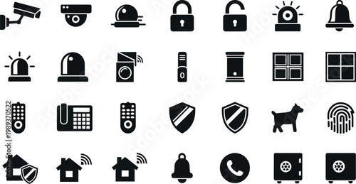 Collection of black security and home protection on white background surveillance camera cctv