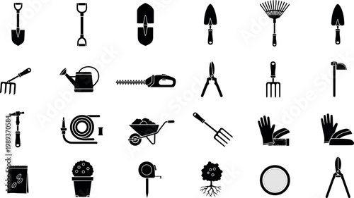 Collection of black silhouette for gardening tools and plants white background